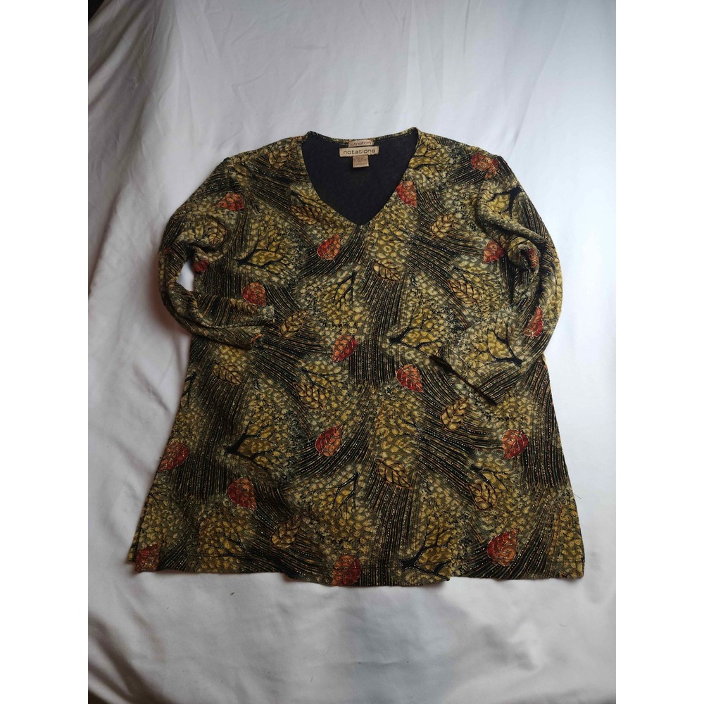 Notations Womens V-Neck 3/4 Sleeve Leaf Print Stretch Knit Top Gold Green L